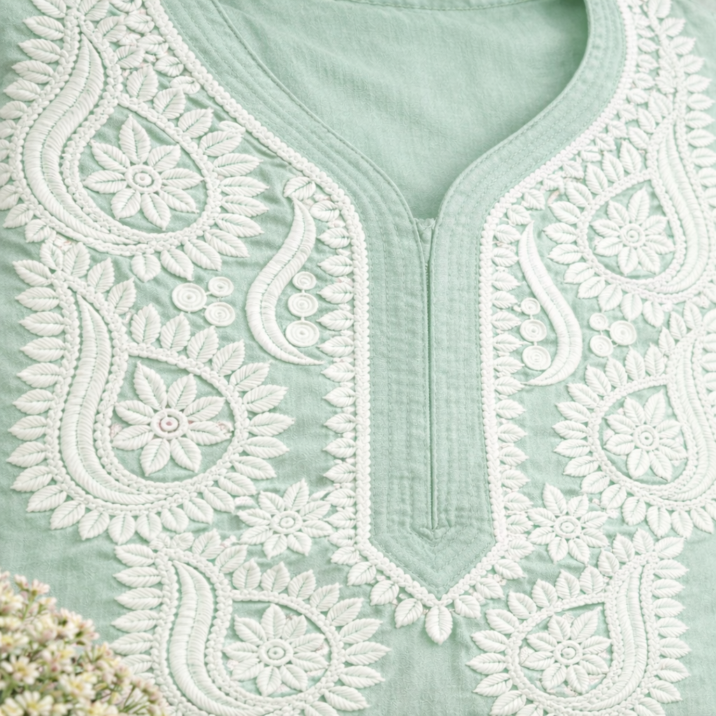 Green Chikankari Kurti – Rayon
