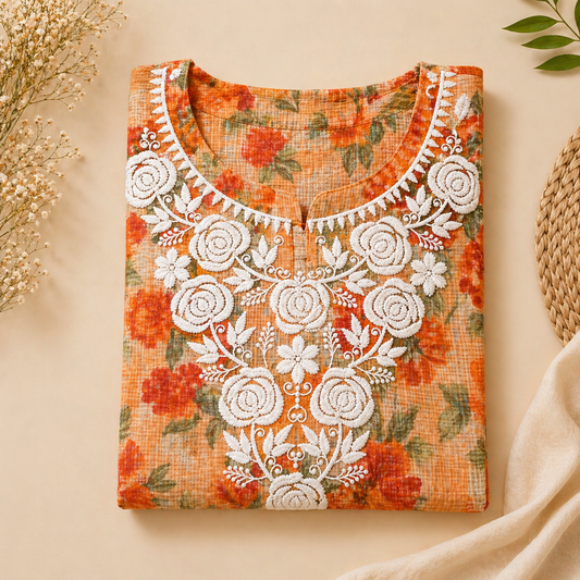 Orange Printed Chikankari Kurti – Kota Fabric