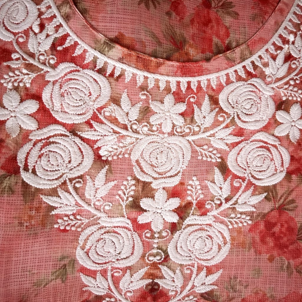 Red Printed Chikankari Kurti – Kota Fabric