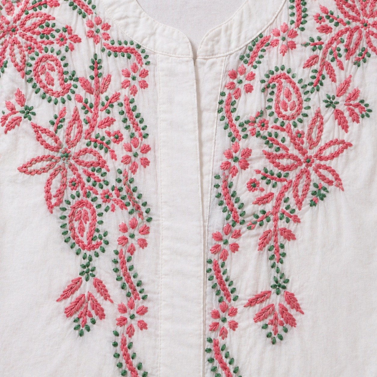 White Kurti with Pink & Green Floral Embroidery – Mul Cotton
