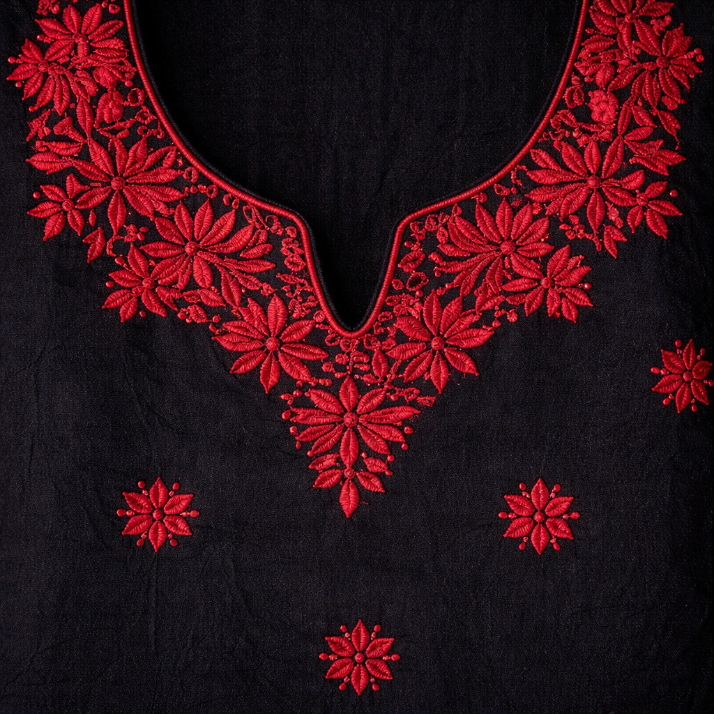 Black Chikankari Kurti Pant Set with Red Embroidery – Rayon