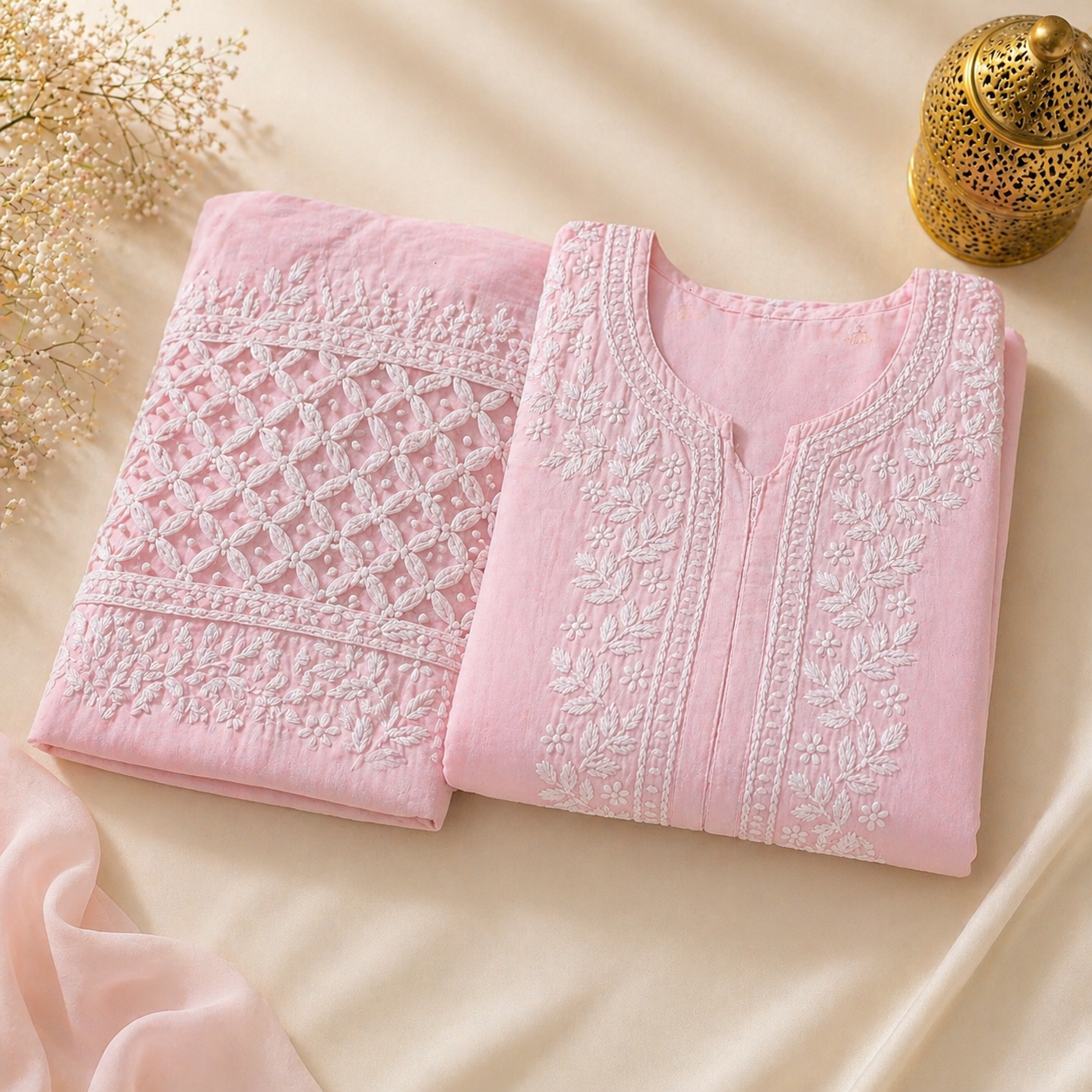 Blush Pink Chikankari Kurti Set with Palazzo – Cotton
