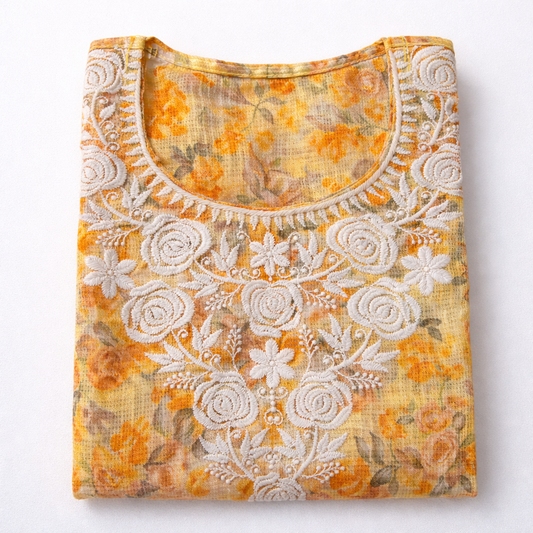 Mustard Yellow Printed Chikankari Kurti – Kota Fabric