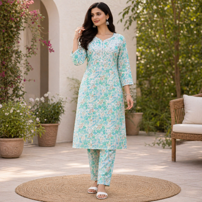 Aqua Blue Floral Chikankari Kurta Set – Rayon
