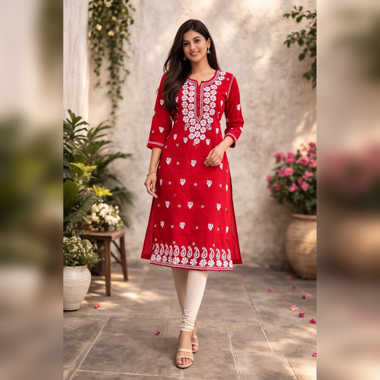 Red Chikankari Embroidered Kurti – Cotton