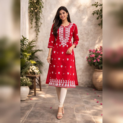 Red Chikankari Embroidered Kurti – Cotton