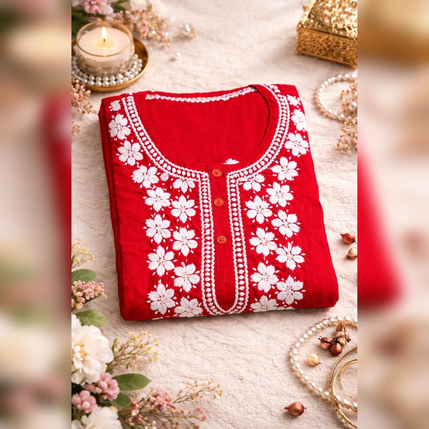Red Chikankari Embroidered Kurti – Cotton