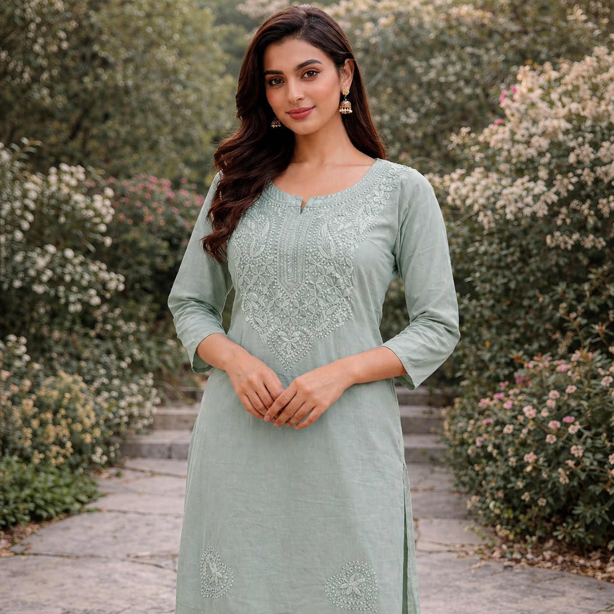 Pista Mint Chikankari Kurti – Cotton