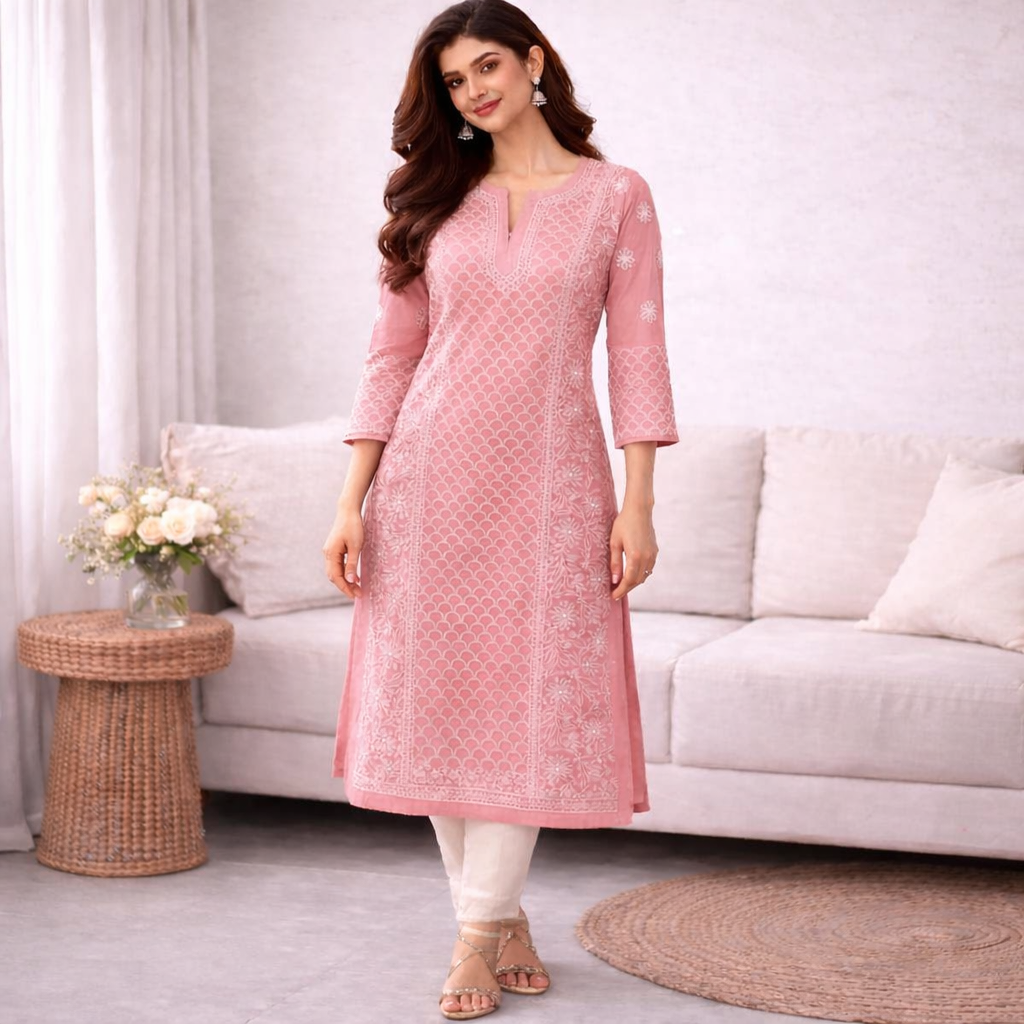 Dusty Pink Chikankari Kurti – Georgette