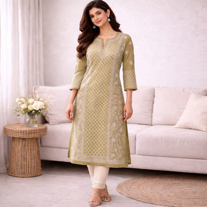 Mehndi Green Chikankari Kurti – Georgette
