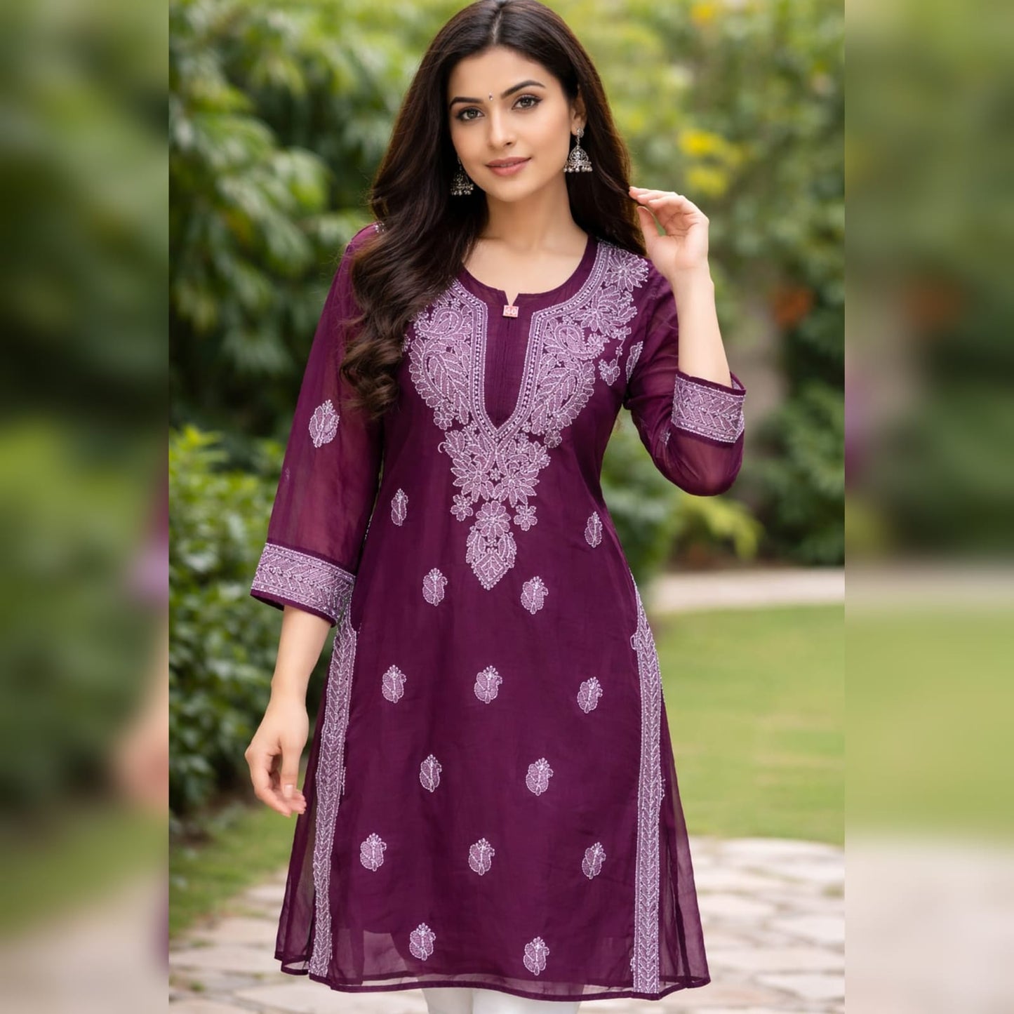 Wine Chikankari Kurti – Georgette