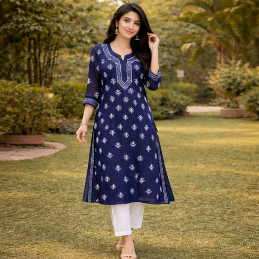 Navy Blue Chikankari Kurti – Georgette