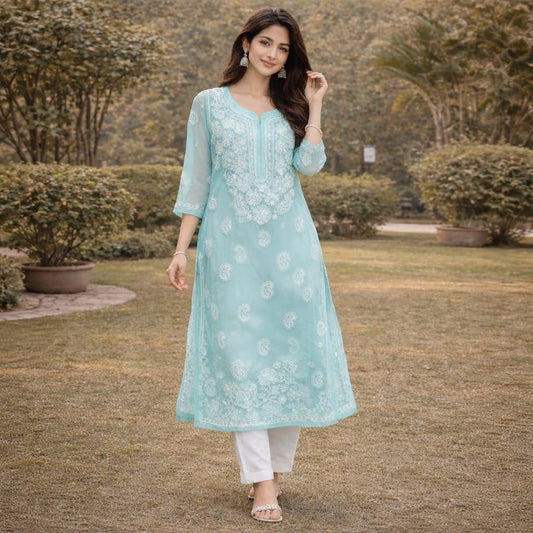 Mint Blue Chikankari Kurti – Georgette