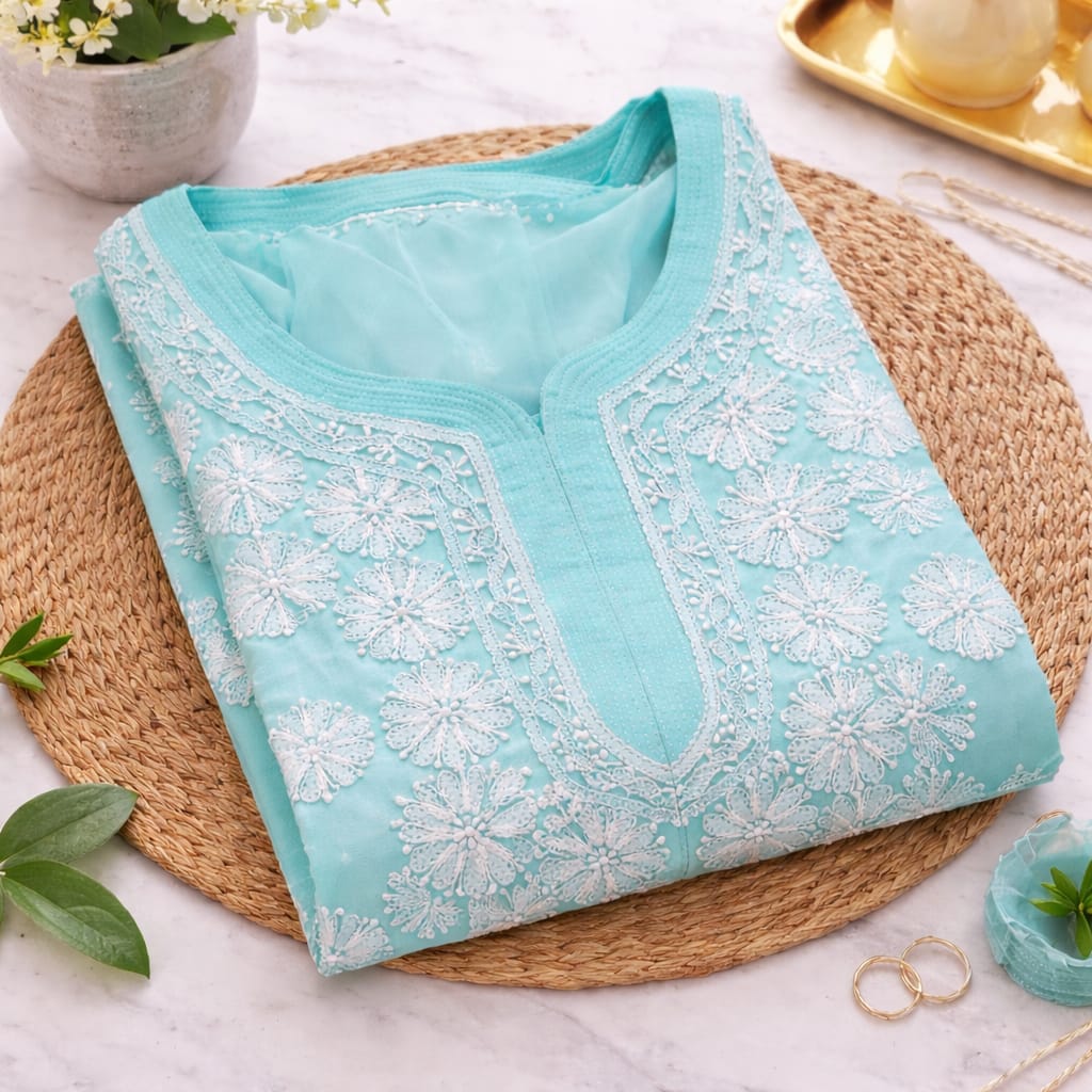 Mint Blue Chikankari Kurti – Georgette