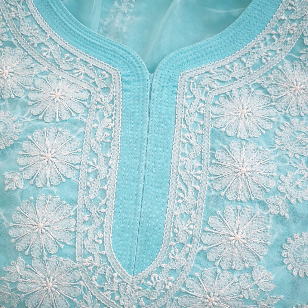 Mint Blue Chikankari Kurti – Georgette