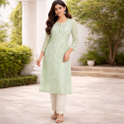 Pastel Green Chikankari Kurti – Georgette