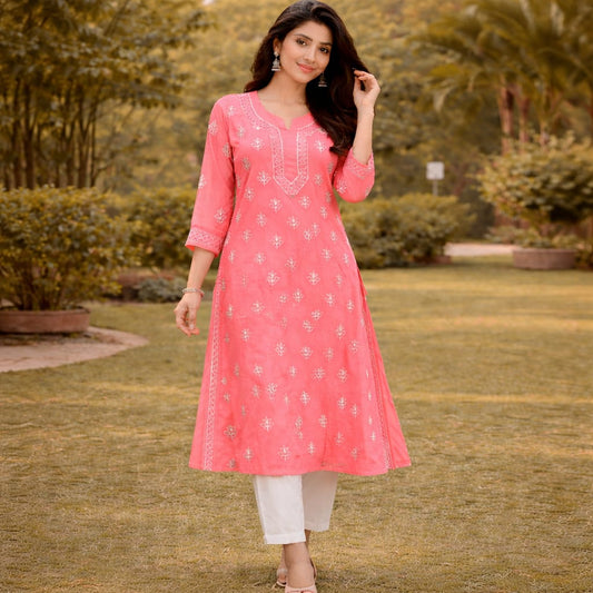 Peach Chikankari Kurti – Georgette