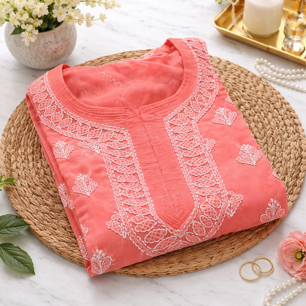 Peach Chikankari Kurti – Georgette