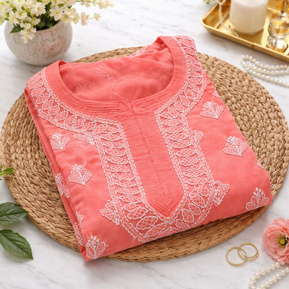 Peach Chikankari Kurti – Georgette