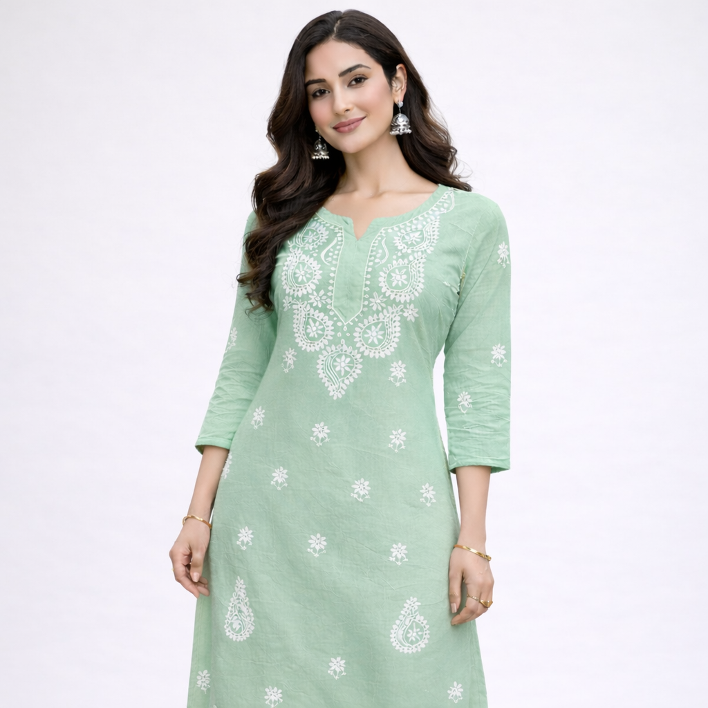 Green Chikankari Kurti – Rayon