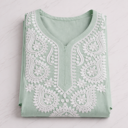 Green Chikankari Kurti – Rayon