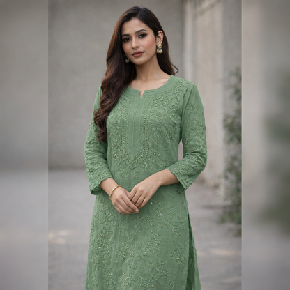 Green Chikankari Kurti with Mukaish Work – Viscose