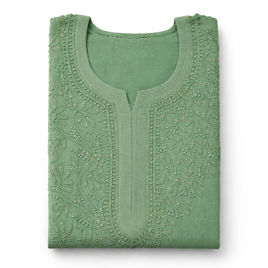 Green Chikankari Kurti with Mukaish Work – Viscose