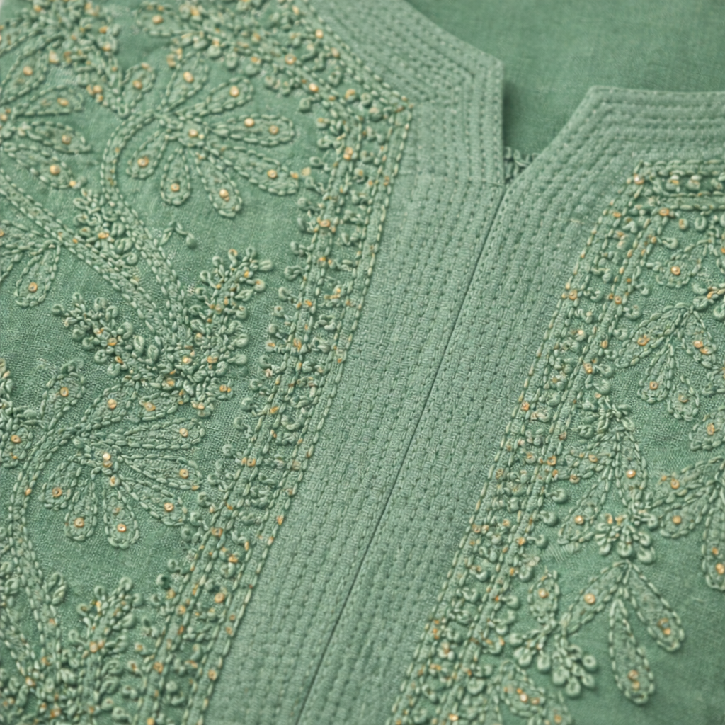 Green Chikankari Kurti with Mukaish Work – Viscose