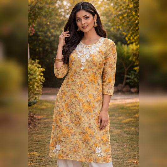 Mustard Yellow Printed Chikankari Kurti – Kota Fabric