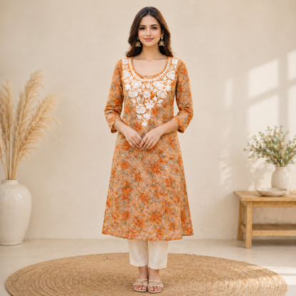Orange Printed Chikankari Kurti – Kota Fabric