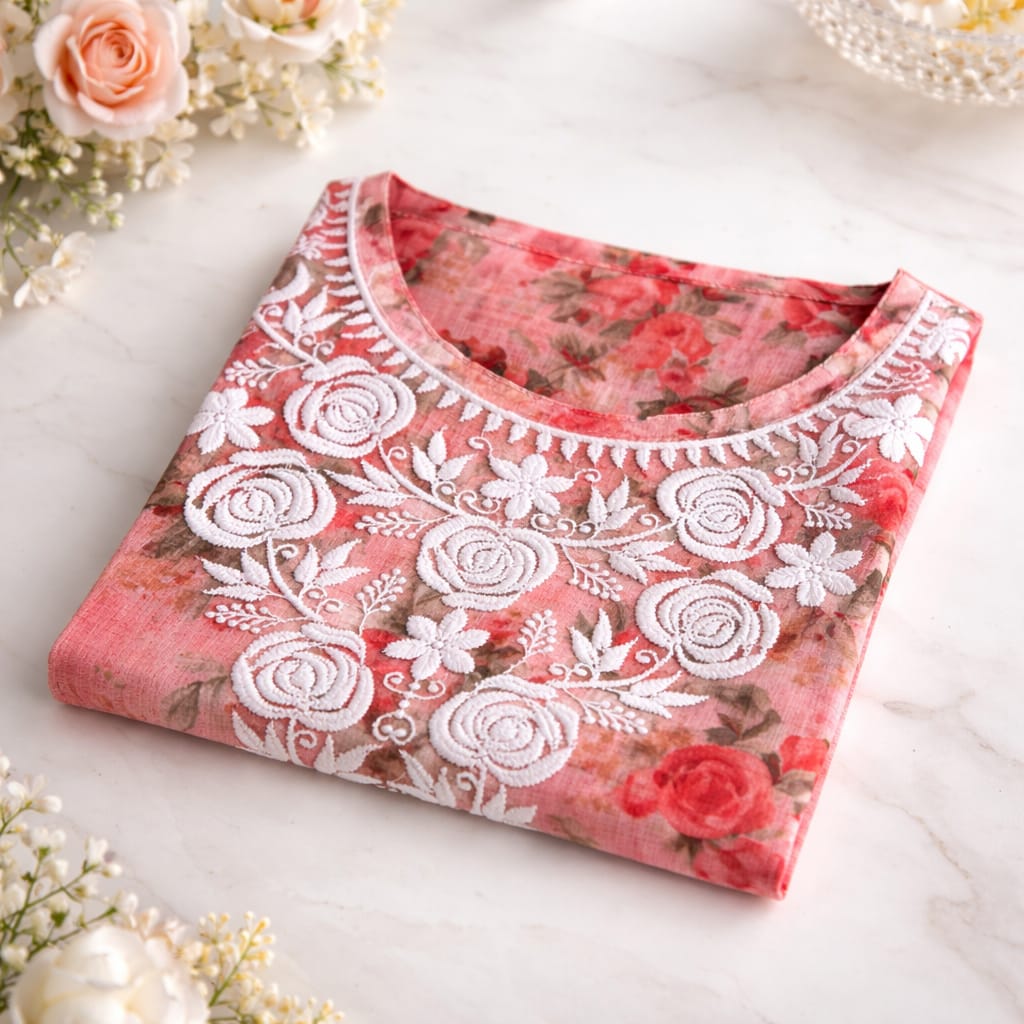 Red Printed Chikankari Kurti – Kota Fabric