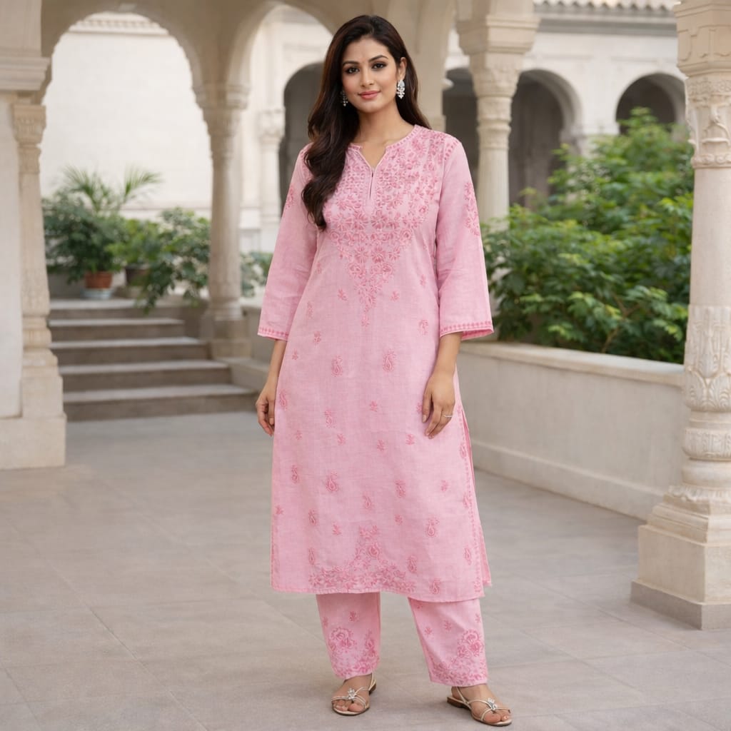 Blush Pink Chikankari Kurti Pant Set – Mul Cotton