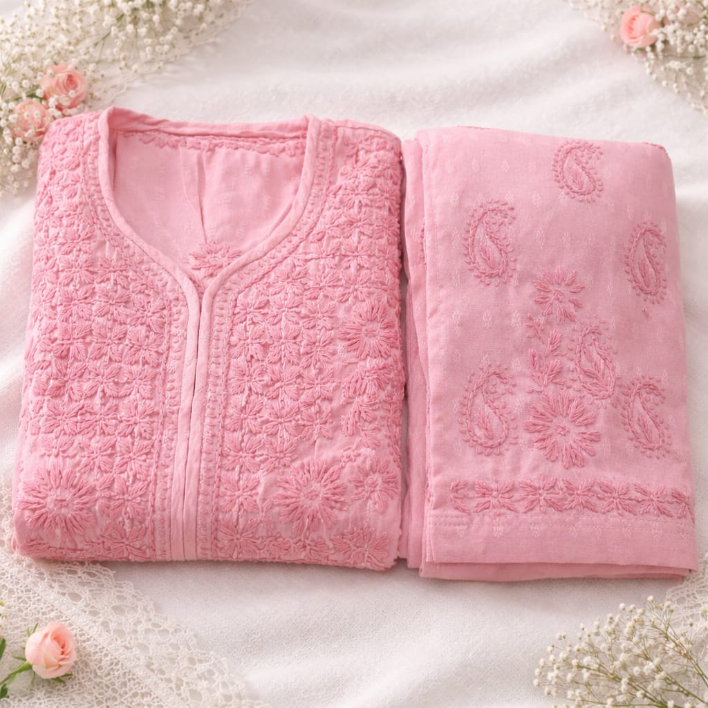 Blush Pink Chikankari Kurti Pant Set – Mul Cotton