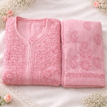 Blush Pink Chikankari Kurti Pant Set – Mul Cotton
