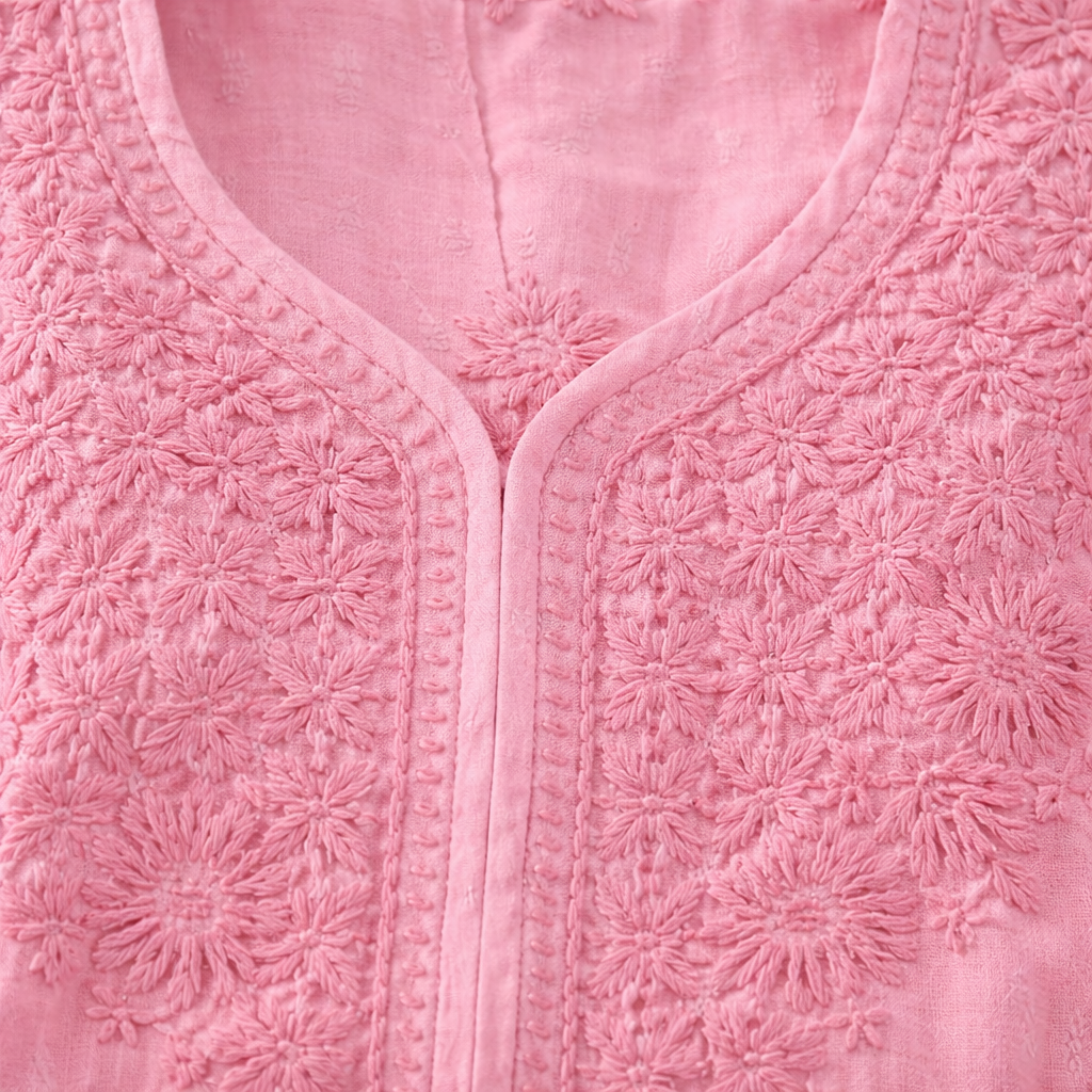 Blush Pink Chikankari Kurti Pant Set – Mul Cotton
