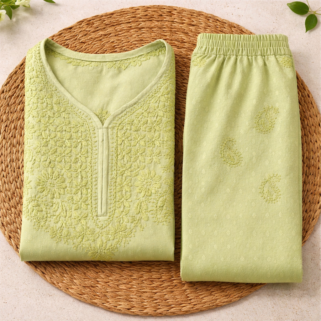 Pastel Pistachio Green Chikankari Kurti Pant Set – Mul Cotton