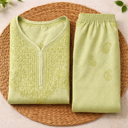 Pastel Pistachio Green Chikankari Kurti Pant Set – Mul Cotton