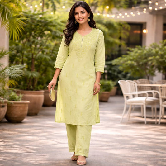 Pastel Pistachio Green Chikankari Kurti Pant Set – Mul Cotton