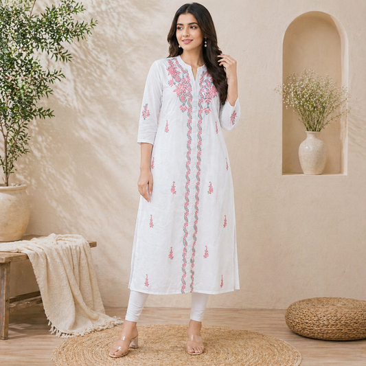 White Kurti with Pink & Green Floral Embroidery – Mul Cotton