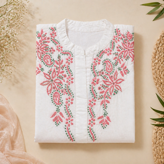 White Kurti with Pink & Green Floral Embroidery – Mul Cotton