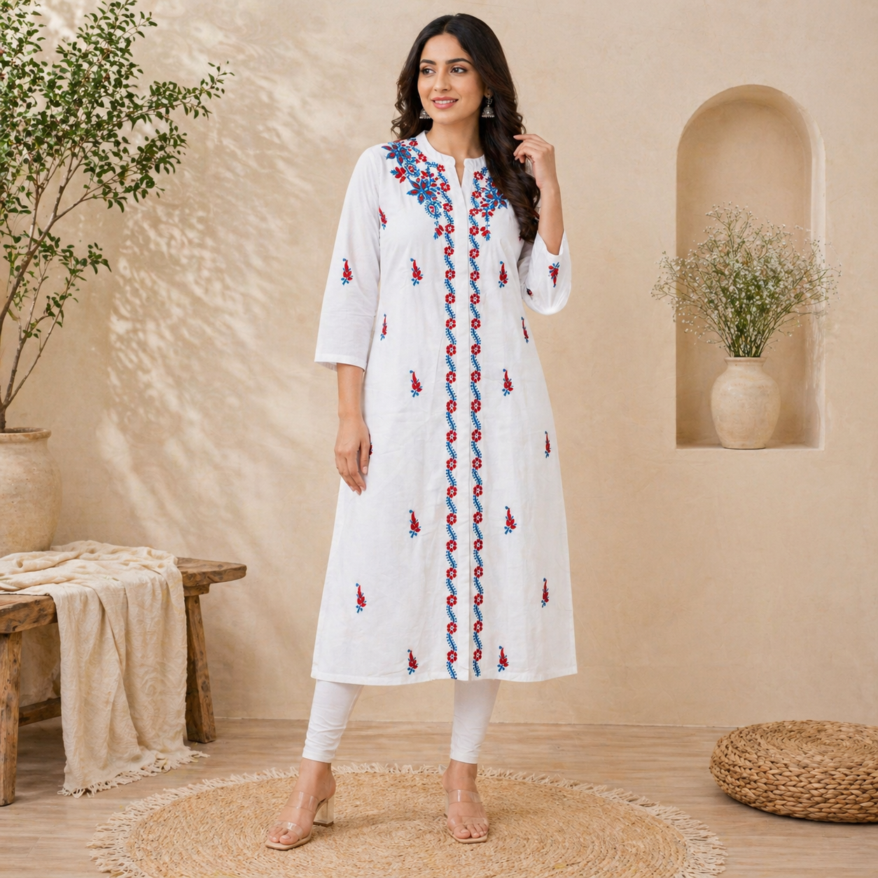 White Kurti with Red & Blue Floral Embroidery – Mul Cotton