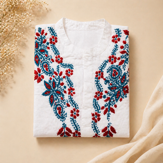 White Kurti with Red & Blue Floral Embroidery – Mul Cotton