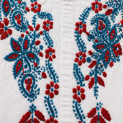 White Kurti with Red & Blue Floral Embroidery – Mul Cotton