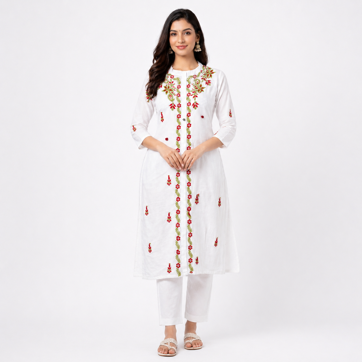 White Kurti with Red & Green Floral Embroidery – Mul Cotton