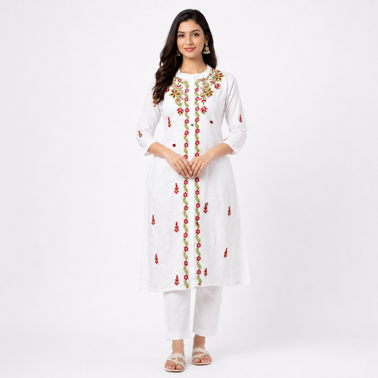 White Kurti with Red & Green Floral Embroidery – Mul Cotton