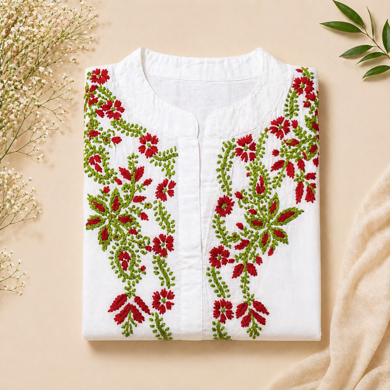 White Kurti with Red & Green Floral Embroidery – Mul Cotton