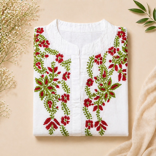 White Kurti with Red & Green Floral Embroidery – Mul Cotton