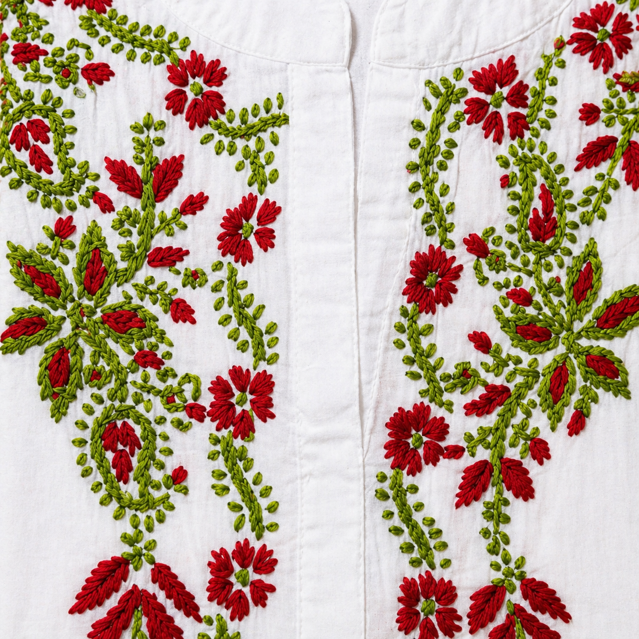 White Kurti with Red & Green Floral Embroidery – Mul Cotton
