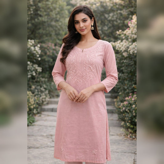 Soft Pink Chikankari Kurti – Cotton