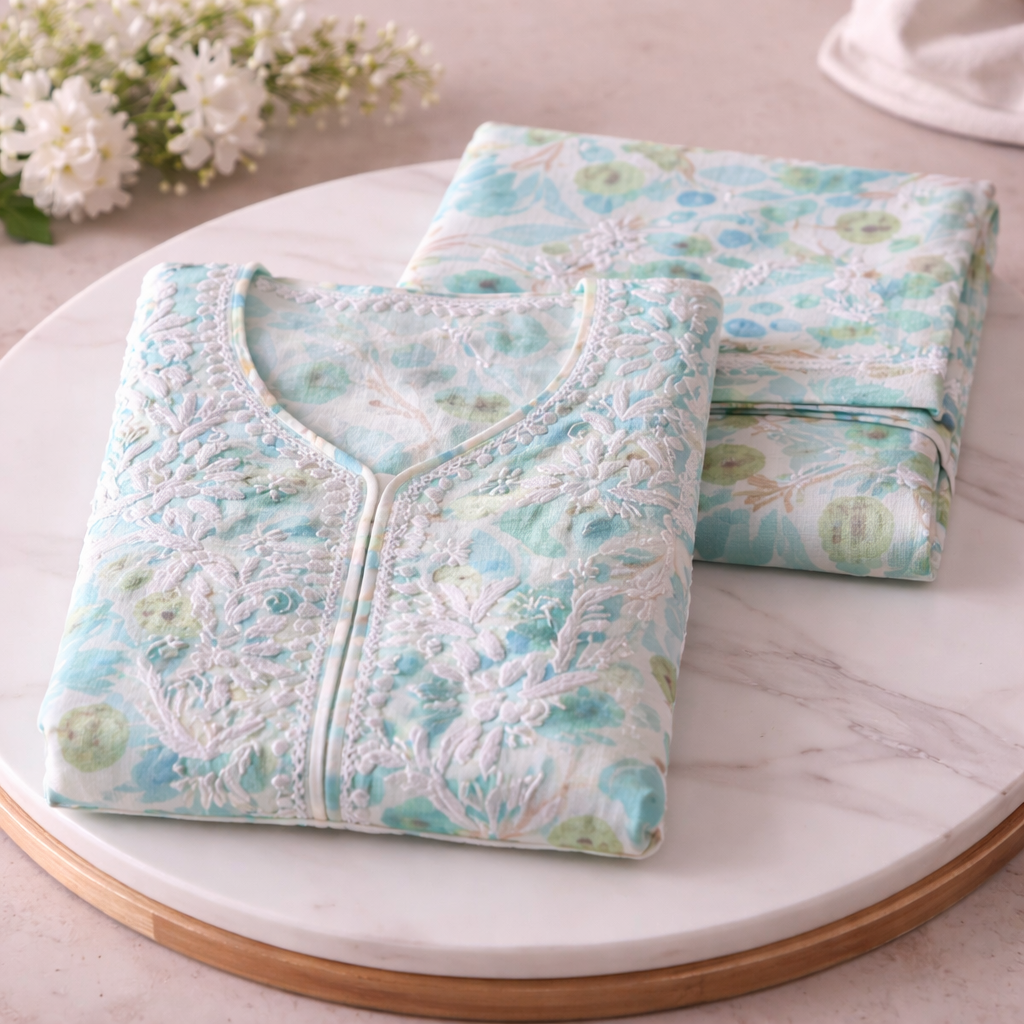 Aqua Blue Floral Chikankari Kurta Set – Rayon
